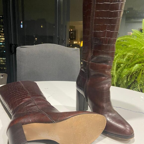 Brown Tall Leather Boots – Croc-Embossed – Block Heel – Almost New - Picture 3 of 5